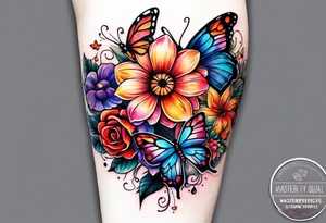 Arm sleeve with rainbow flowers and butterflies tattoo idea