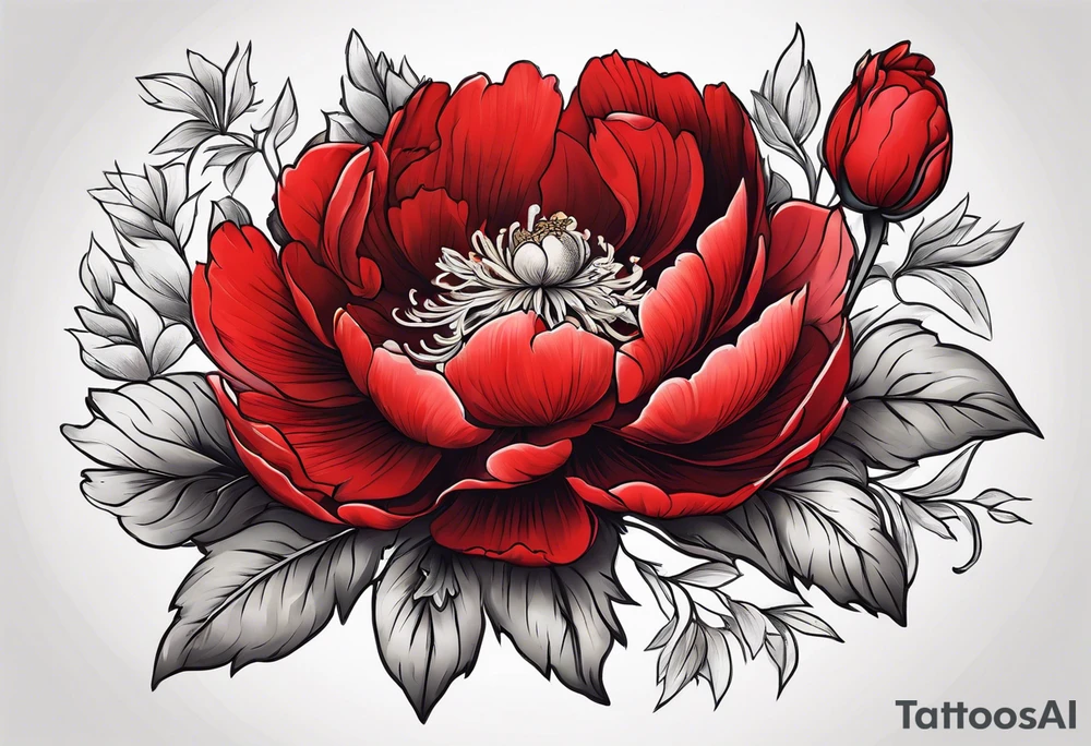 Red peony with a tiny rabbit on a petal tattoo idea