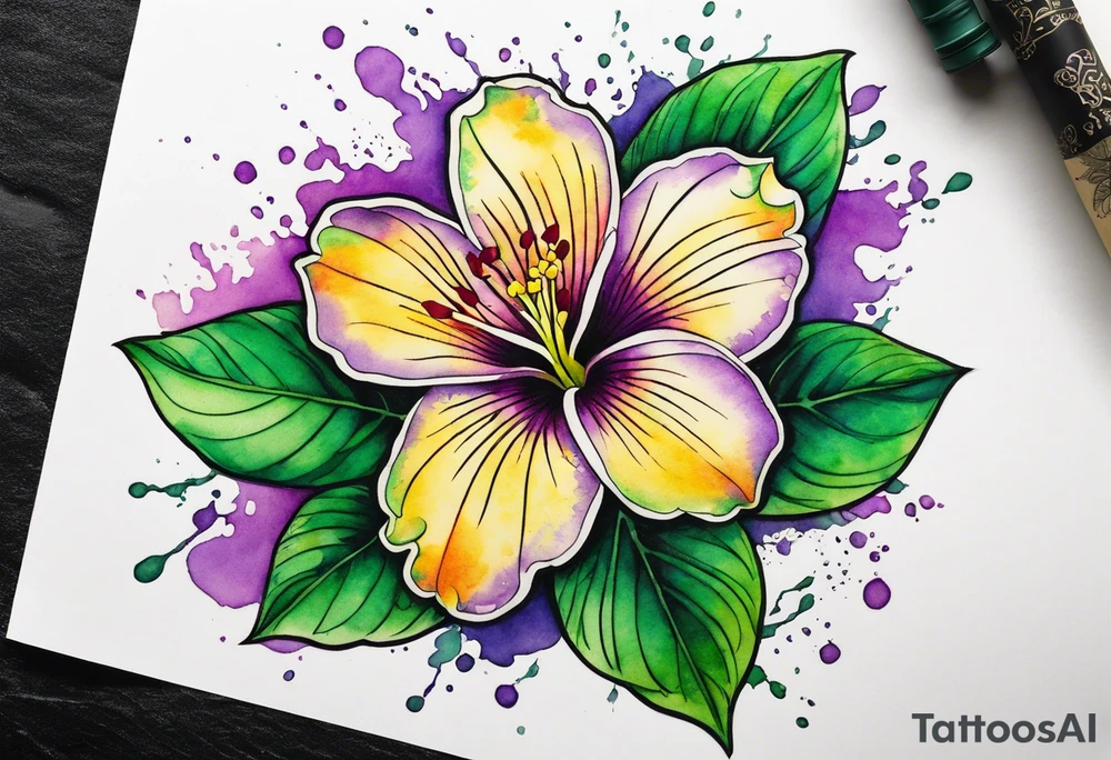 An outline of an only green rio dipladenia flower and a green and purple watercolor splash in the background tattoo idea