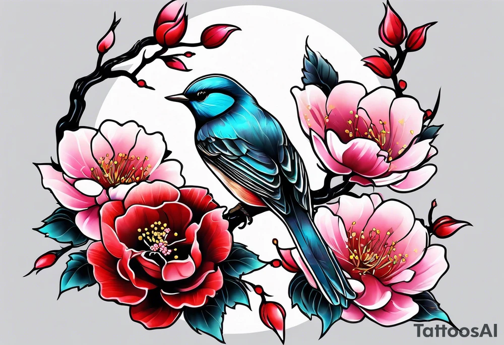 Japanese cherry blossom with birds, butterflies and rose tattoo idea