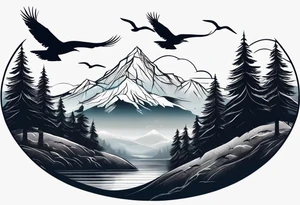 A mountain scape with trees. 5 silhouettes of birds. tattoo idea