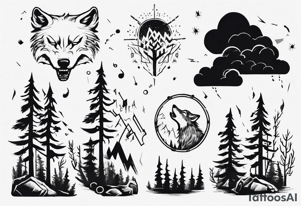 thunderstorm over a forest with a wolf howling on drums tattoo idea thunderstorm over a forest with a wolf howling on drums tattoo idea