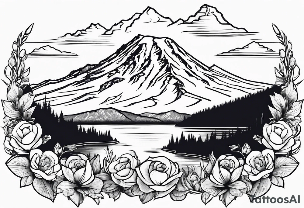 mount rainier with flowers around it tattoo idea