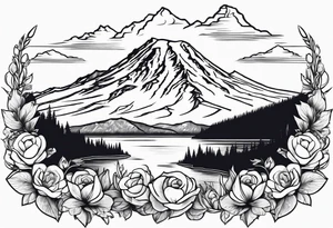 mount rainier with flowers around it tattoo idea