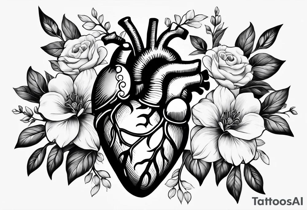 Anatomical flower heart tattoo idea