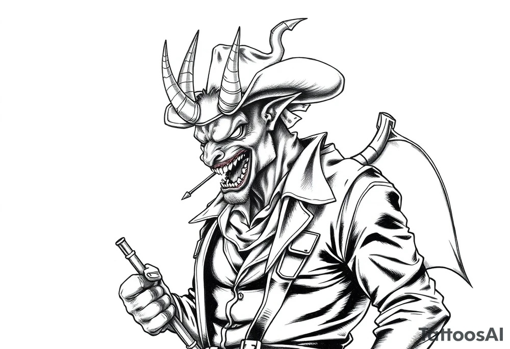 a demon in cowboy.clothing, tattoo idea
