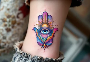 A soft pastel-colored Hamsa with an open eye emitting golden rays, representing clarity and enlightenment. tattoo idea