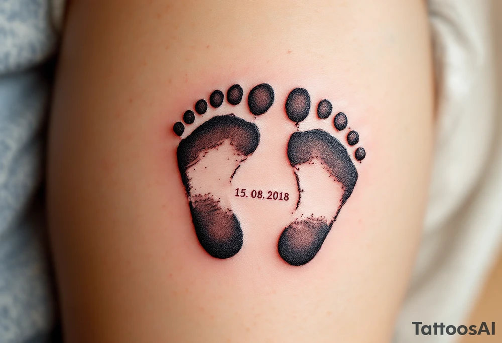 Baby footprints in black ink with the child’s birth date 15. 08. 2018 in soft blue or pink beneath commemorate a mother’s most treasured moment. tattoo idea