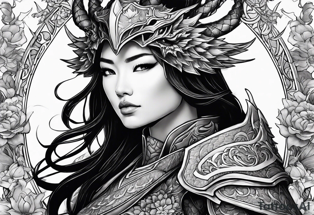 beautiful warrior woman wearing dragon armor and a floral background and a dragon a full picture tattoo idea