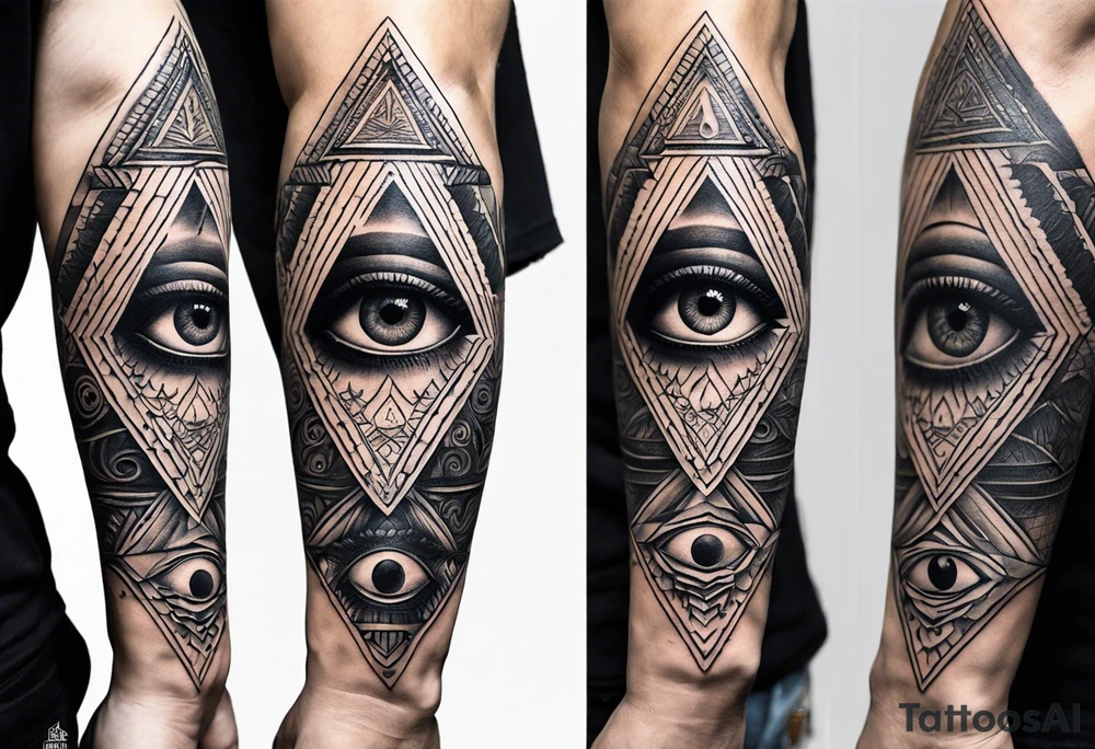 A full tattoo sleeve designed with a masculine and striking aesthetic, featuring a central motif of a beautifully detailed eye inside a triangle, symbolizing the all-seeing eye or third eye. This eye is depicted with intricate detailing, conveying depth and a sense of profound insight. The triangle around the eye is sharp and precise, emphasizing the symbolism of enlightenment and perception. Surrounding this central element, incorporate roses and leaves, each rendered with a bold and refined style. The roses, rich in detail, represent beauty and resilience, while the leaves add a touch of natural elegance. Integrate these floral elements into an ordered geometric pattern that complements and frames the central eye. The geometric patterns should be clean and structured, creating a harmonious contrast with the organic shapes of the roses and leaves. The overall design features strong contrasts and dark shading to highlight the details and enhance the visual impact, resulting in a powerful, masculine sleeve with a balanced blend of symbolism and aesthetics tattoo idea