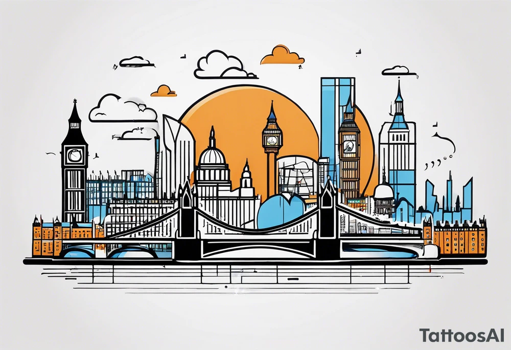 A minimalistic, abstract design capturing the architectural essence and vibe of London. Key elements of London’s skyline and structure are hinted at with clean lines, and subtle detailing includes personal touches, like a nod to Feid’s signature look (hat, glasses, mustache), integrated discreetly to honor a memorable concert experience. The tattoo combines the city’s character with personal symbolism. tattoo idea