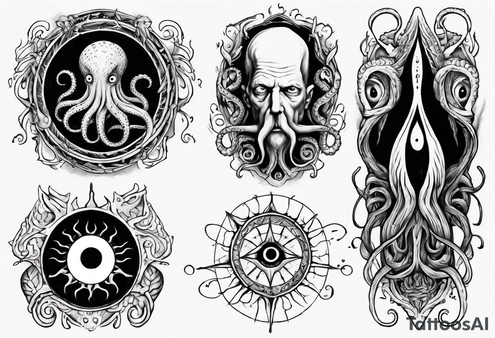 lovecraft long tattoo to put on the forearm, with eye and tentacle tattoo idea