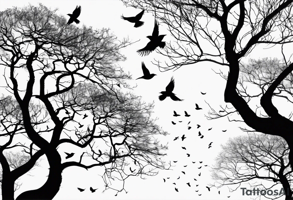 Leafless tree with a mix of birds and black birds flying by it. Make it skinnier with no leaves and just branches tattoo idea