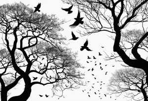 Leafless tree with a mix of birds and black birds flying by it. Make it skinnier with no leaves and just branches tattoo idea
