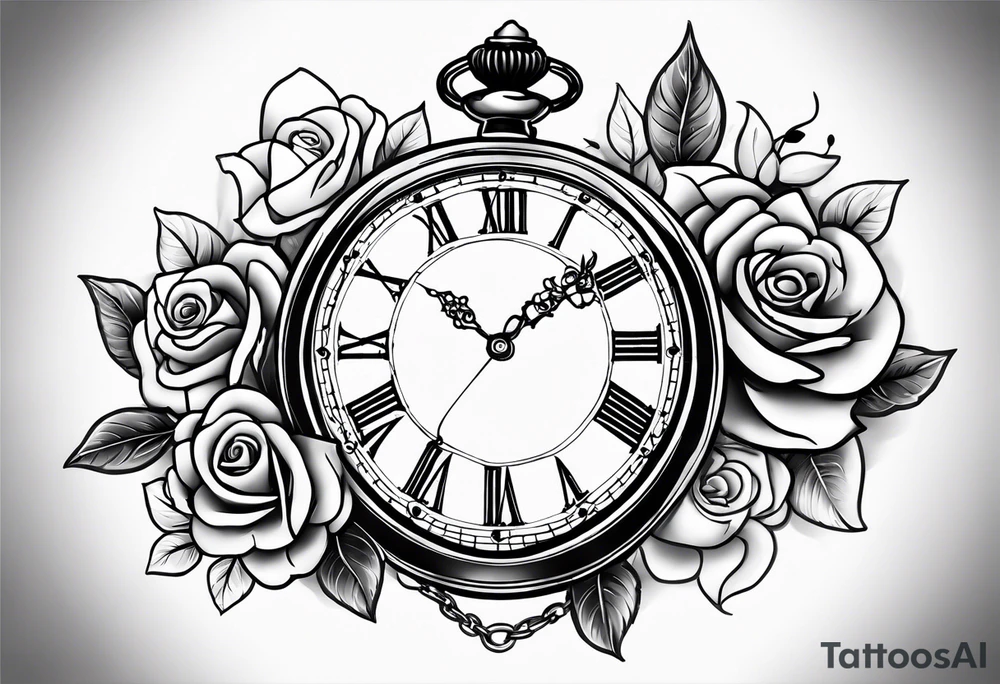 Pocket watch with chain and roses tattoo idea