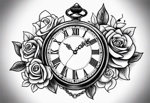 Pocket watch with chain and roses tattoo idea
