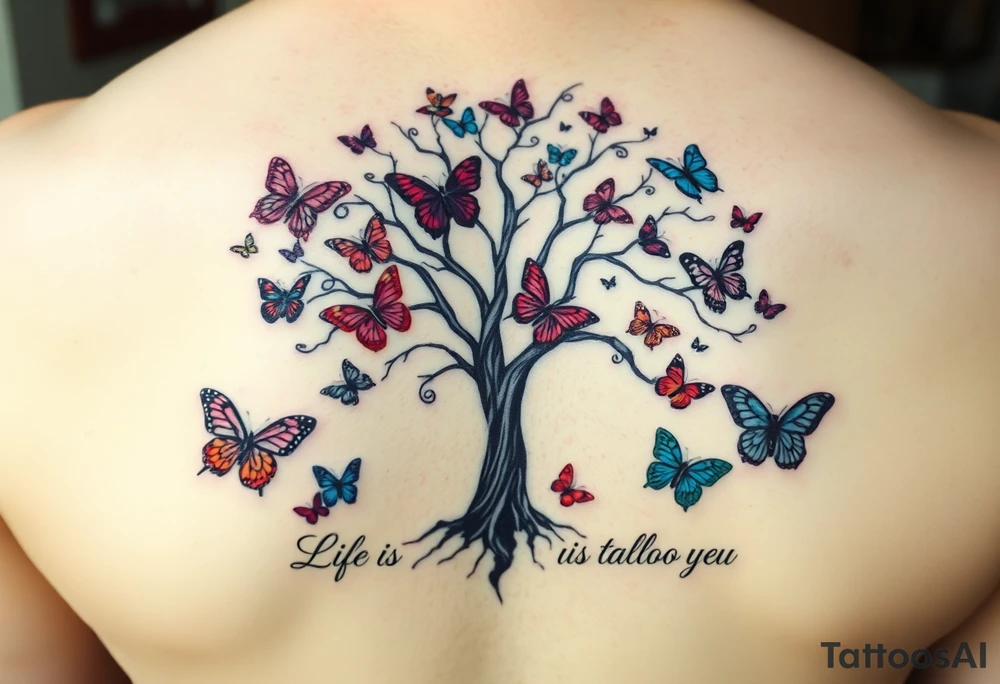 Colorful realistic tree of life with colors purple,red, turquoise,gray , black with 23 beautiful colorful butterflies and the words" Life is a journey that you should live and learn from. tattoo idea