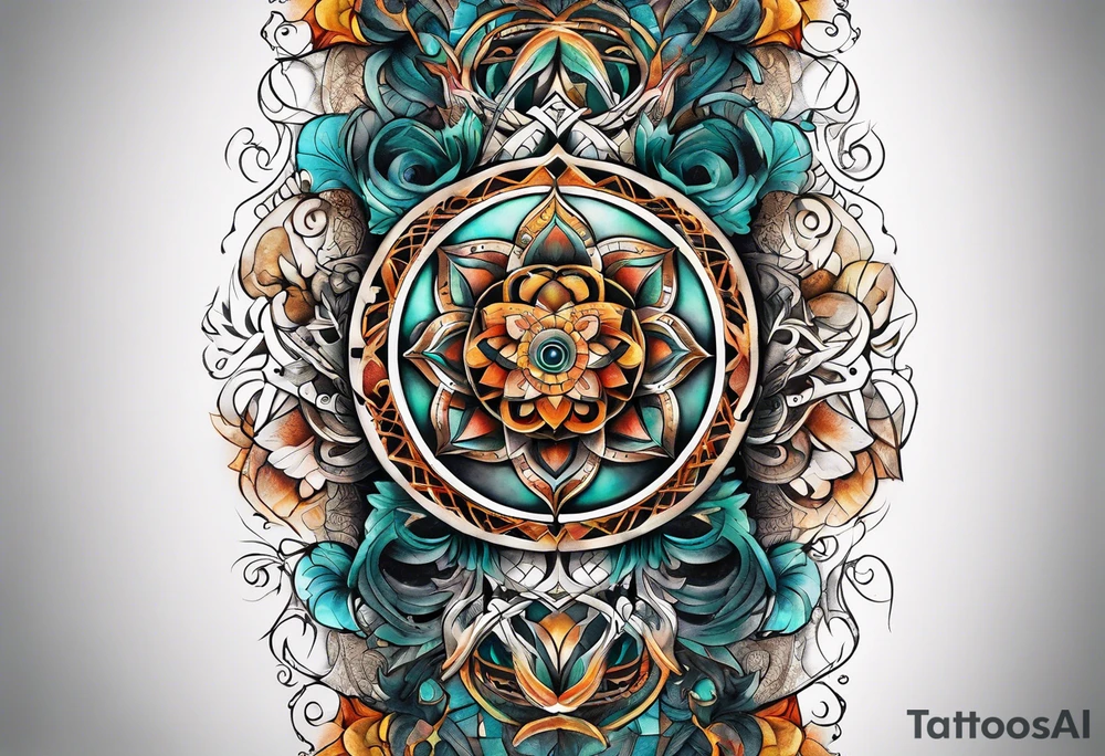 front knee tattoo with sacred geometry, swirls & washes, background and in fall colors tattoo idea