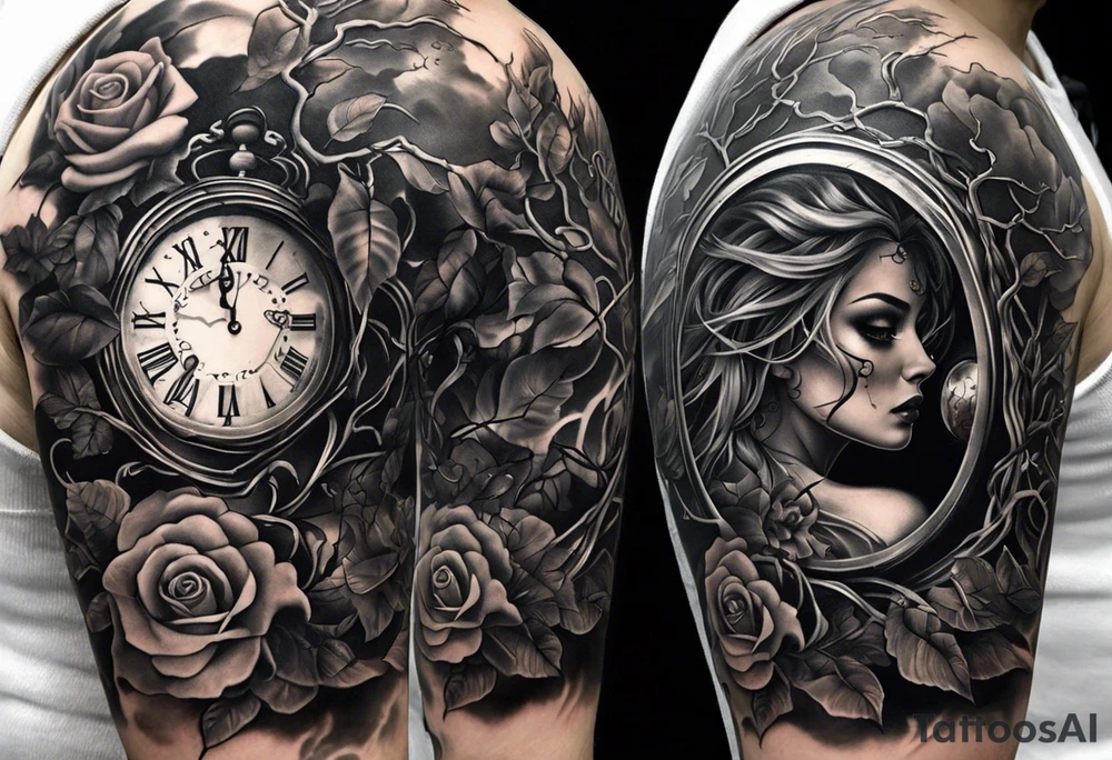 tattoo fool sleeve, tree roots break out of the chains, broken mask, clock with flying numbers, girl and skull, roses tattoo idea