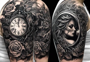 tattoo fool sleeve, tree roots break out of the chains, broken mask, clock with flying numbers, girl and skull, roses tattoo idea