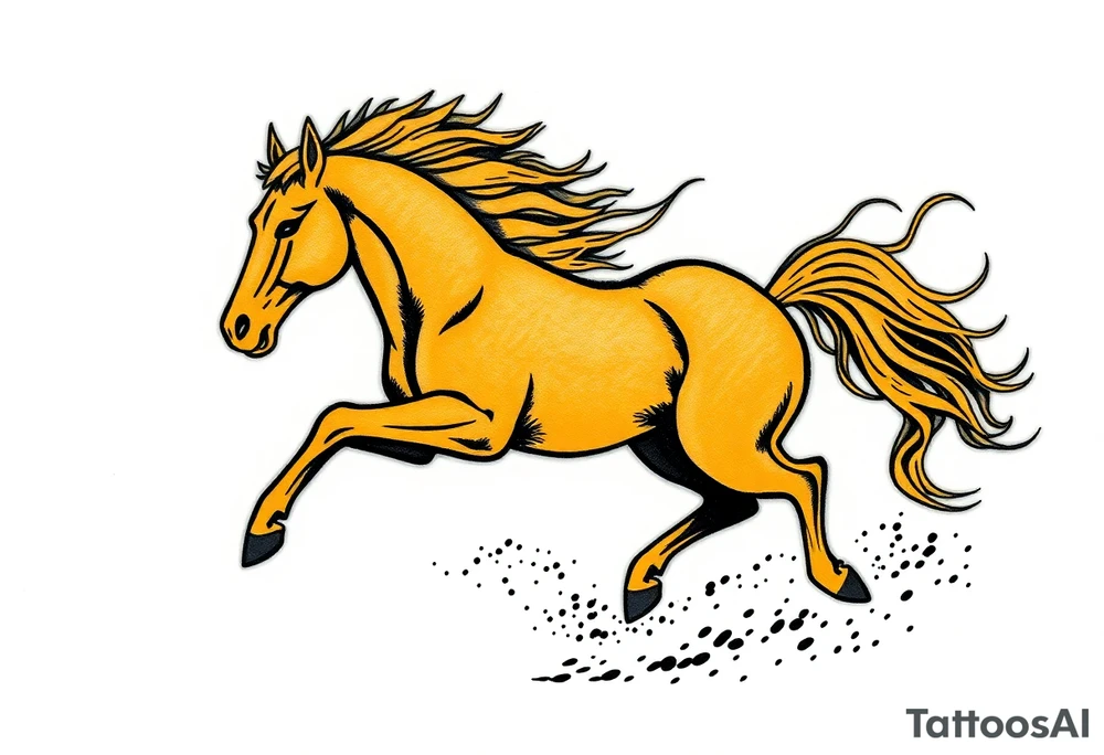 The tattoo represents a supernatural encounter with a golden horse with jet-black fur in the mountains of Choquequirao (Cusco, Peru). This mysterious, fleeting horse symbolizes strength, energy, and spiritual rebirth. It appeared at full speed, its hooves shaking the ground, its breath so powerful it drowned out all other sounds. The narrator felt no fear, only awe as the horse took a perfect curve, muscles tense, radiating power and grace. Its presence transformed the narrator, giving them the energy to complete an exhausting trek and leaving them with a profound connection to something greater. The tattoo aims to capture the essence of this moment: strength, speed, beauty, and the spirit of the mountain. For the design, consider drawing inspiration from Japanese tattoo art, known for its dynamic representation of animals like koi fish and dragons, emphasizing fluidity, movement, and symbolic power. tattoo idea