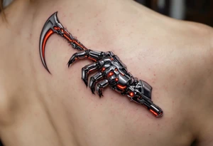 A chrome-plated robotic hand clutching a gleaming silver scythe with glowing red circuitry running up its fingers. tattoo idea