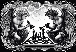 Depict an angel and demon playing chess on a board that morphs from celestial clouds to fiery inferno, representing the merging of the spiritual realms in the eternal game. tattoo idea