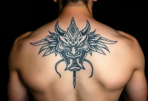 Purépecha style tattoo integrating with oni mask with a snake in its mouth tattoo idea