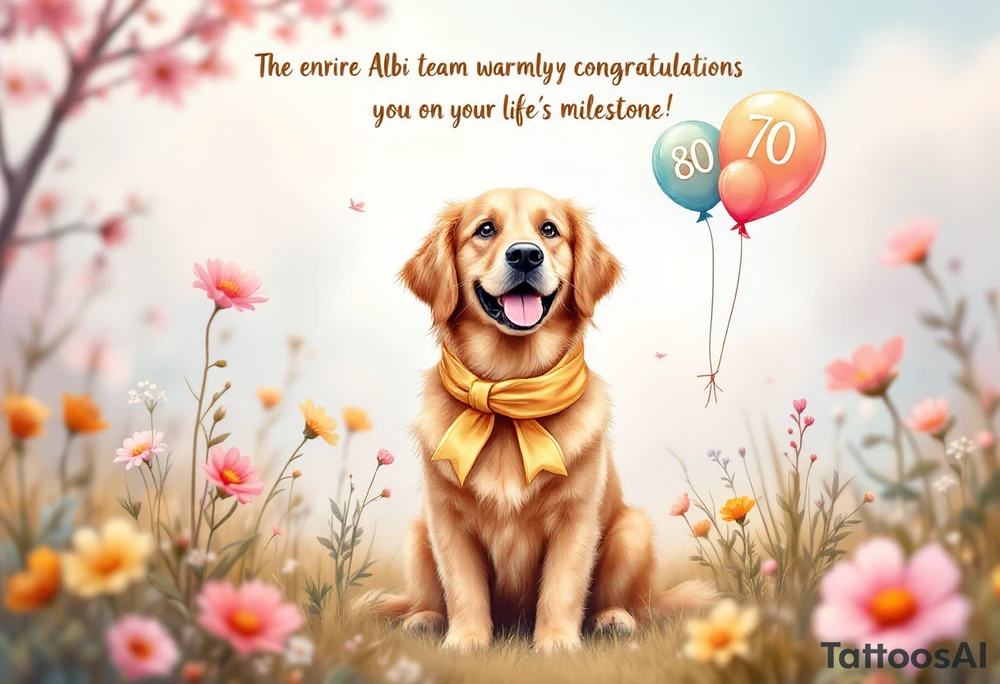 Imagine a golden retriever sitting in the middle of a blooming meadow, surrounded by soft sunlight and pastel-colored flowers. The dog has a large golden ribbon tied around its neck and cheerful balloons floating beside it, with the numbers "80" and "70" clearly displayed. Its expression is joyful and full of warmth. Above the scene, in elegant handwriting, a message reads:
“The entire Albi team warmly congratulates you on your life’s milestone!”
The overall style is soft, watercolor-inspired, perfect for a heartfelt greeting card filled with gentleness and gratitude. tattoo idea