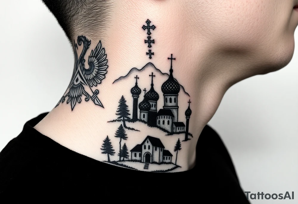 Traditional authentic Russian coat of arms with a Christian orthodox virgin marry in the middle and silhouette in a Russian wilderness Christian orthodoxy dome church village setting on the side of my neck tattoo idea