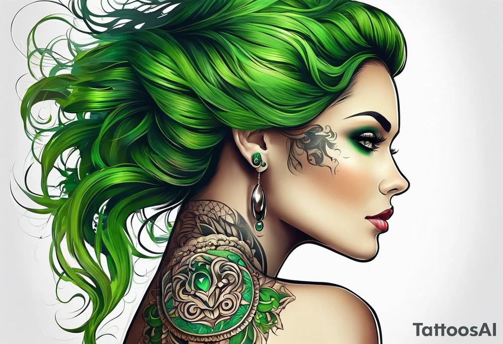 Woman’s scull profile with green eyes. tattoo idea