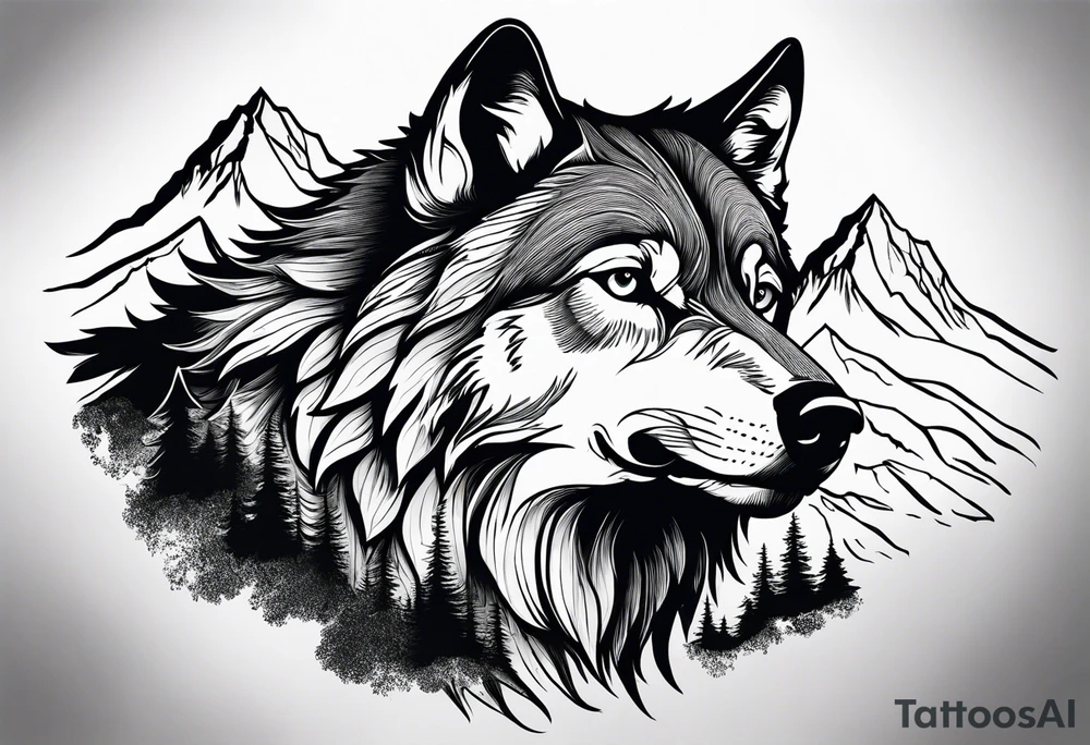Mountains, wolf in it tattoo idea