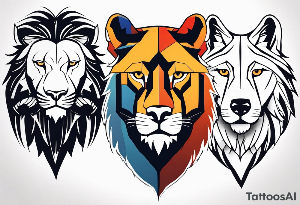 Face of a 1 Lion, 1 eagle, and 1 wolf tattoo idea