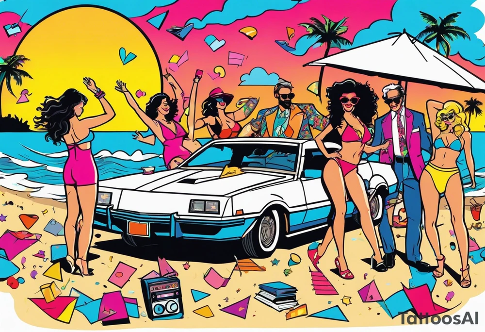 1980's miami vice style beach dance 
party, include confetti, music notes, boom box, bikinis sunset in the center tattoo idea