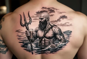 young, happy, fit, bald, poseidon in calm water, holding a trident, drinking a beer, with sunset, with ski boat tattoo idea