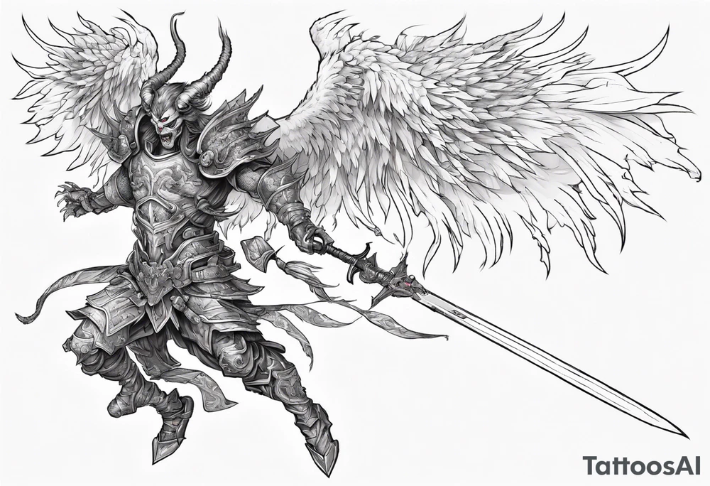 A demon angel wearing organic armor that is in mid-air with his two-handed sword about to attack in isometric view. tattoo idea