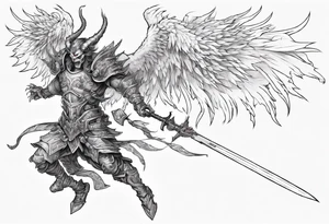 A demon angel wearing organic armor that is in mid-air with his two-handed sword about to attack in isometric view. tattoo idea