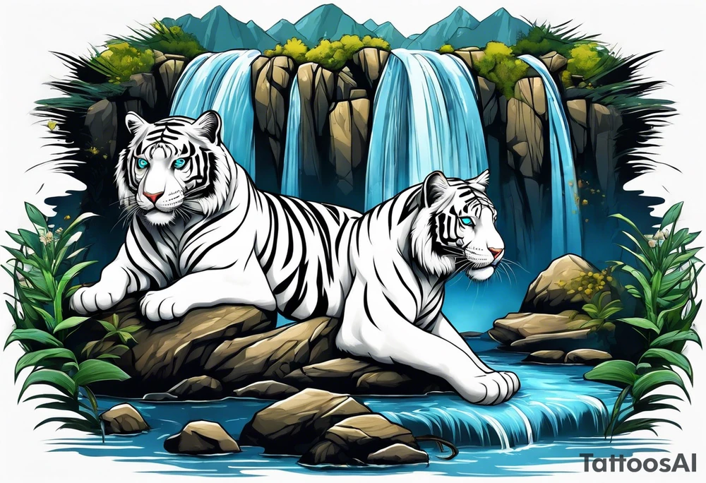 Two white tigers in nature separated by a waterfall tattoo idea