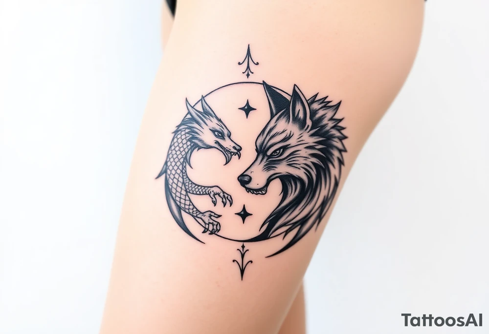 Ying yang symbol with one side a dragon and one side a wolf tattoo idea