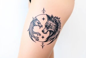 Ying yang symbol with one side a dragon and one side a wolf tattoo idea