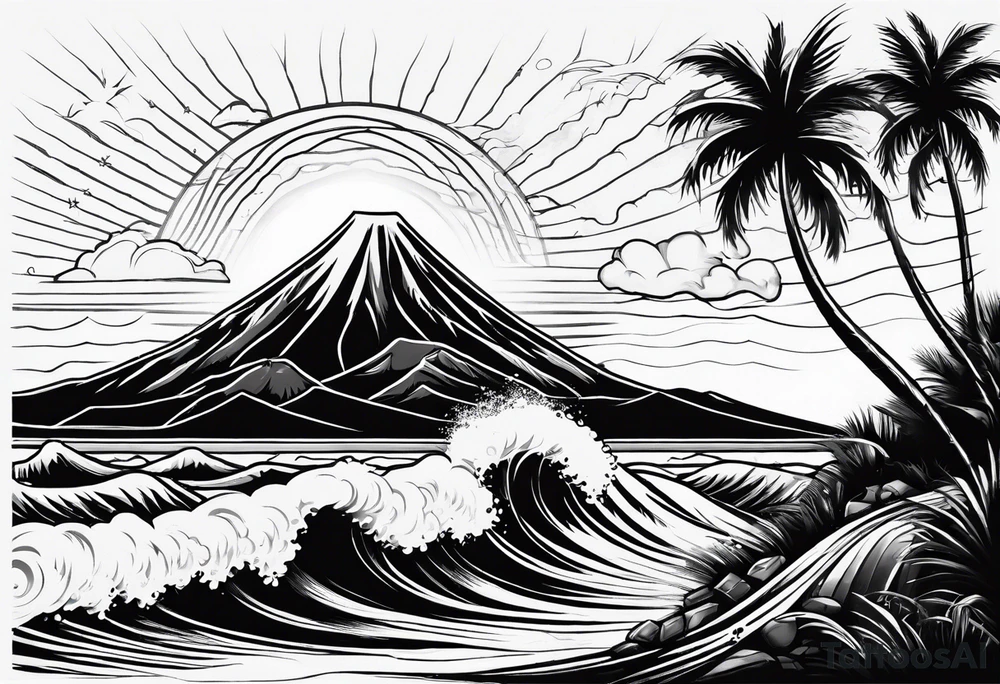 fineline tattoo of a palm tree and a wave with a volcano in the background tattoo idea