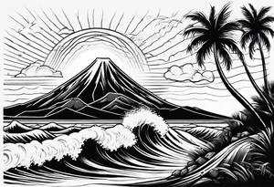 fineline tattoo of a palm tree and a wave with a volcano in the background tattoo idea
