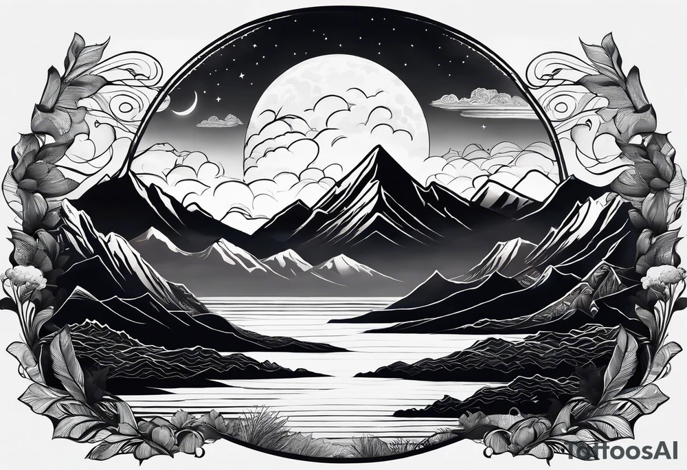 Mountain Range coming Out of the sea and Clouds. Sunrise in Front of it. Half moon and night Sky above the Mountains. tattoo idea