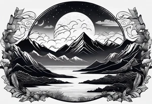Mountain Range coming Out of the sea and Clouds. Sunrise in Front of it. Half moon and night Sky above the Mountains. tattoo idea