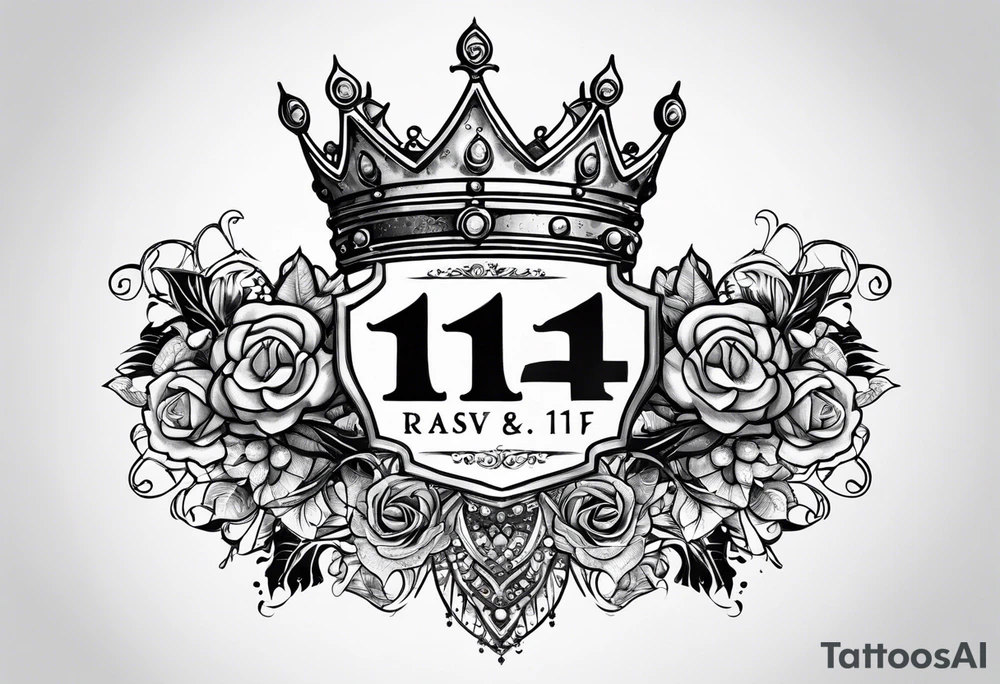 Kids names “Raaj” and “Reign” with the number 11 and crowns for their royalty tattoo idea