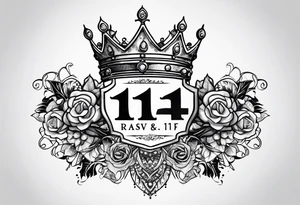 Kids names “Raaj” and “Reign” with the number 11 and crowns for their royalty tattoo idea