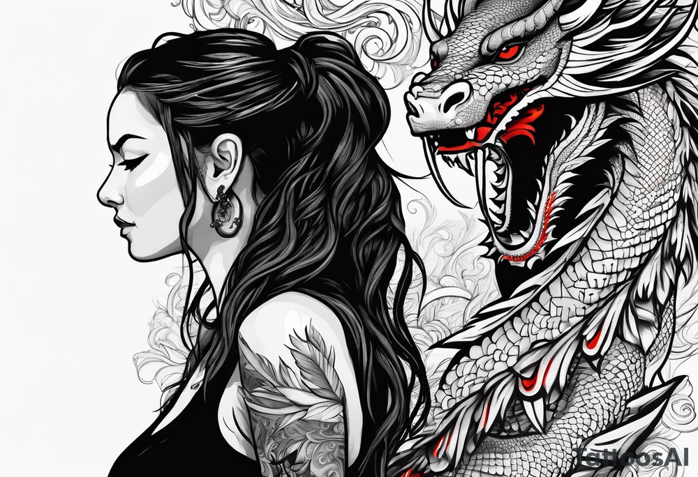 Red dragon behind woman with dreadlocks tattoo idea