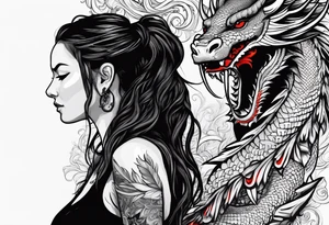 Red dragon behind woman with dreadlocks tattoo idea