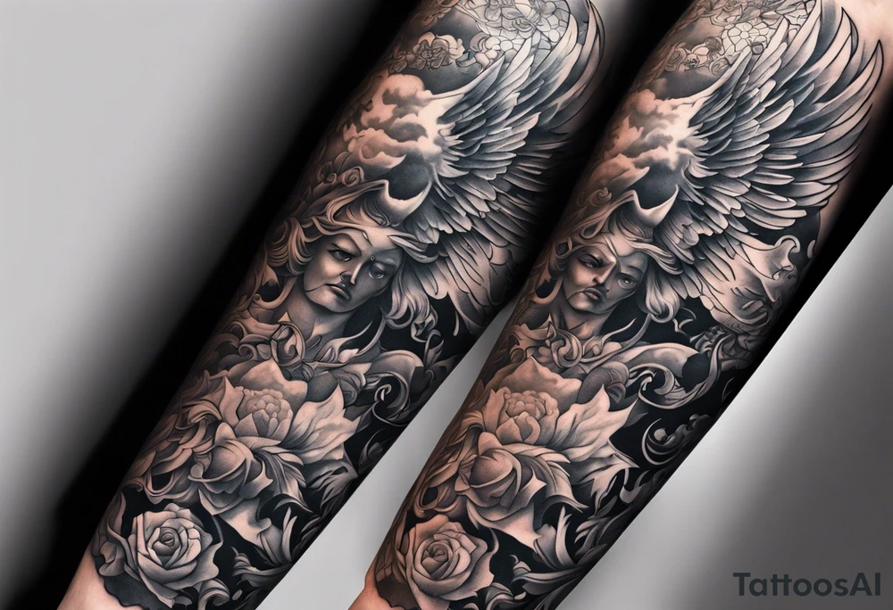 Arm sleeve with Angels with guns fighting demons below tattoo idea