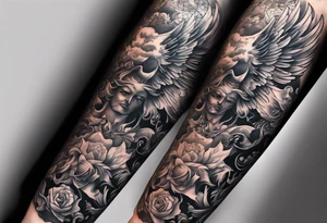 Arm sleeve with Angels with guns fighting demons below tattoo idea